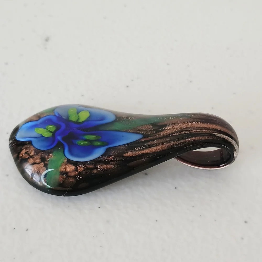 Lampwork Glass Teardrop Spoon Pendant Blue Lily Flower Gold Black